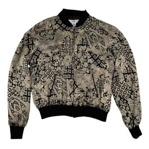 SLB Petite Silk Bomber Jacket Black Beige Patterned Boho Sporty Women’s M